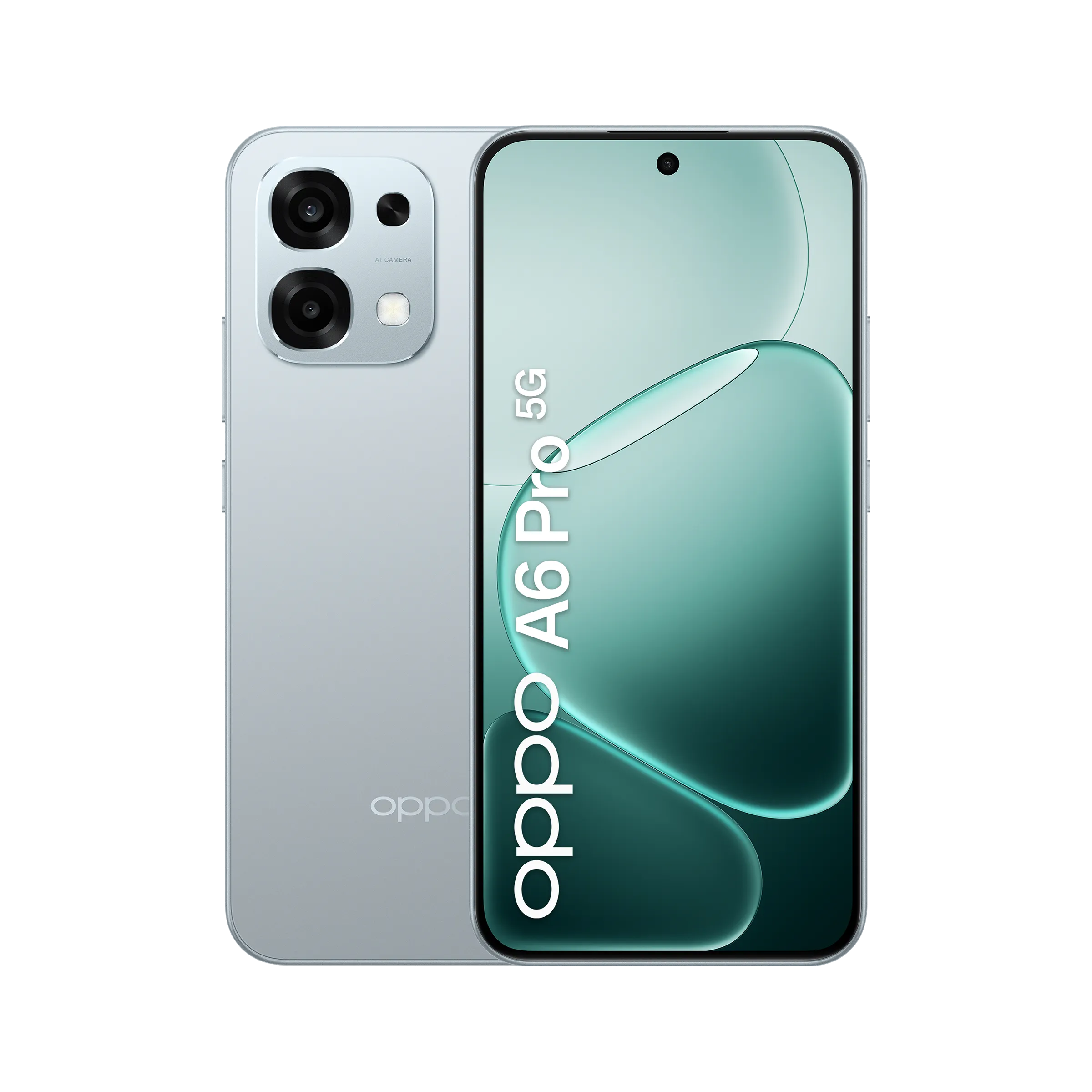 Vista frontale OPPO A6 Pro 5G Lunar Titanium