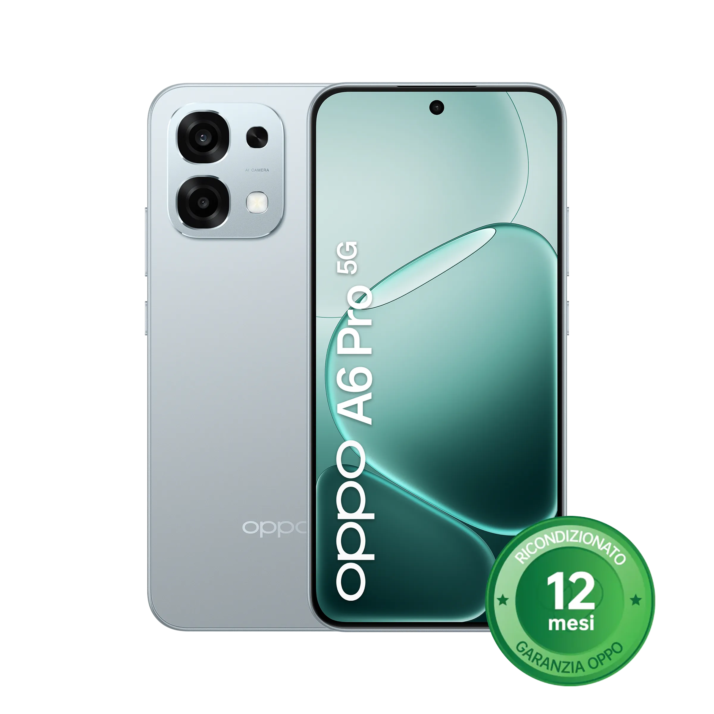 Immagine prodotto OPPO A6 Pro 5G ricondizionato colore argento fronte retro